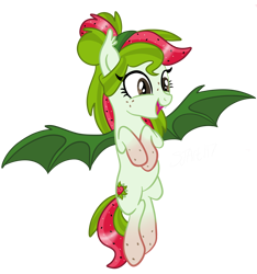 Size: 3836x4096 | Tagged: safe, artist:sjart117, imported from derpibooru, oc, oc only, oc:watermelana, bat pony, pony, bat ponified, cute little fangs, fangs, female, flying, freckles, gradient hooves, mare, open mouth, race swap, simple background, smiling, solo, species swap, transparent background