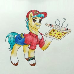 Size: 1080x1080 | Tagged: safe, artist:mintytreble, imported from derpibooru, hitch trailblazer, earth pony, pony, bracelet, cap, clothes, food, g5, hat, jewelry, male, money, my little pony: a new generation, pizza, pizza box, shirt, shorts, simple background, smiling, stallion, traditional art, white background