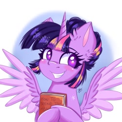 Size: 1280x1280 | Tagged: safe, artist:galaxy swirl, imported from derpibooru, twilight sparkle, alicorn, pony, blushing, book, cute, ear fluff, female, grin, holding, mare, simple background, smiling, solo, spread wings, twiabetes, twilight sparkle (alicorn), white background, wings