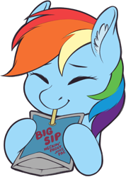Size: 1440x2026 | Tagged: safe, artist:taytinabelle, derpibooru exclusive, imported from derpibooru, rainbow dash, pegasus, pony, big sip, bust, capri sun, capri-sun, cute, drink, drinking, drinking straw, ear fluff, eyes closed, female, happy, hoof hold, juice, juice pouch, mare, simple background, smiling, solo, transparent background, weapons-grade cute