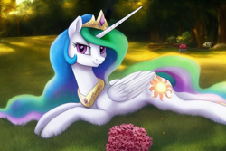 Size: 1920x1280 | Tagged: safe, derpibooru exclusive, editor:dovakkins, imported from derpibooru, princess celestia, alicorn, pony, ai content, ai generated, crown, female, flower, folded wings, forest background, generator:stable diffusion, grass, horn, jewelry, looking at you, lying down, mare, peytral, prone, regalia, smiling, smiling at you, solo, sparkly mane, sparkly tail, tail, wings
