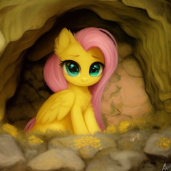 Size: 1024x1024 | Tagged: safe, imported from derpibooru, fluttershy, pegasus, pony, ai content, ai generated, cave, chest fluff, cute, ear fluff, female, fluffy, generator:stable diffusion, looking at you, mare, shyabetes, sitting, solo