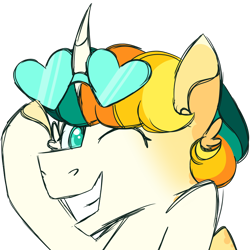 Size: 900x900 | Tagged: safe, artist:fuckomcfuck, imported from derpibooru, oc, oc:atomic sunglow, alicorn, pony, alicorn oc, glasses, heart shaped glasses, horn, looking at you, one eye closed, simple background, solo, sunglasses, sunglasses on head, transparent background, wink
