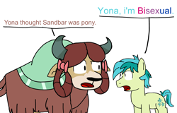 Size: 4960x3183 | Tagged: safe, artist:sketchyboi25, imported from derpibooru, sandbar, yona, pony, yak, coming out, duo, female, looking at each other, looking at someone, male, simple background, stallion, white background