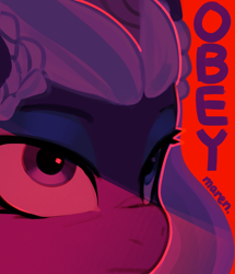 Size: 1994x2315 | Tagged: safe, artist:maren, imported from derpibooru, opaline arcana, alicorn, pony, spoiler:g5, female, g5, high res, mare, obey, poster, propaganda, red background, simple background, solo