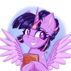 Size: 1280x1280 | Tagged: safe, alternate version, artist:galaxy swirl, imported from derpibooru, twilight sparkle, alicorn, pony, blushing, book, cute, ear fluff, female, grin, hair bun, happy, holding, mare, simple background, smiling, solo, spread wings, that pony sure does love books, twiabetes, twilight sparkle (alicorn), white background, wings