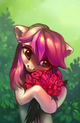 Size: 721x1107 | Tagged: safe, imported from derpibooru, roseluck, earth pony, pony, female, flower, hold, holding, holding roses, mare, plant, plants, red flower, red flowers, rose, solo