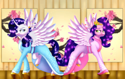 Size: 1128x708 | Tagged: safe, artist:strawberryswirlll, imported from derpibooru, pipp petals, rarity, alicorn, alicornified, cherry blossoms, clothes, duo, duo female, female, flower, flower blossom, g5, kimono (clothing), looking at each other, looking at someone, looking back, pippcorn, race swap, raricorn, skinny pipp