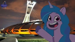 Size: 665x375 | Tagged: safe, edit, edited screencap, editor:sébastien lévesque, screencap, izzy moonbow, pony, unicorn, canada, female, g5, meme, montreal, my little pony: tell your tale, olympic tower, pointing, pointing izzy, quebec, solo, starscout code, ta-da!, tell your tale