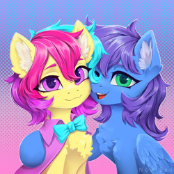 Size: 3000x3000 | Tagged: safe, artist:inowiseei, imported from derpibooru, oc, oc only, oc:cuihua, oc:nova twinkle, earth pony, pegasus, pony, bowtie, cloak, clothes, female, high res, hug, mare, signature