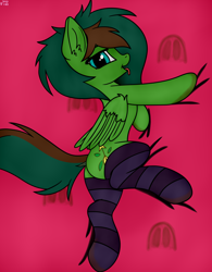 Size: 3900x5000 | Tagged: safe, artist:twiren, imported from derpibooru, oc, oc only, oc:windy barebow evergreen, pegasus, pony, bed, clothes, dirty, dirty hooves, dirty socks, dock, ear fluff, female, fetish, folded wings, gift art, hoof fetish, hoofprints, looking at you, lying down, mare, messy mane, messy tail, mud, muddy, pegasus oc, side, simple background, socks, stockings, striped socks, tail, thigh highs, tongue out, trace, wing fluff, wings