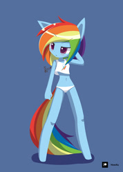 Size: 711x1000 | Tagged: safe, artist:howxu, imported from derpibooru, rainbow dash, anthro, pegasus, unguligrade anthro, 2021, belly button, blue background, clothes, delicious flat chest, female, morning ponies, old art, panties, rainbow flat, simple background, solo, tanktop, underwear, white underwear