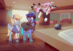 Size: 3000x2070 | Tagged: safe, artist:light262, imported from derpibooru, oc, oc only, oc:asteria, oc:blue skies, alicorn, pegasus, pony, alicorn oc, cloak, clothes, coat, commission, ear fluff, female, flying, horn, hotel, jacket, male, mare, open mouth, pegasus oc, spread wings, stallion, trio, wings