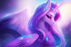 Size: 768x512 | Tagged: safe, editor:clockrelativity, imported from derpibooru, oc, alicorn, ai content, ai generated, alicorn oc, chest fluff, cute, generator:purplesmart.ai, generator:stable diffusion, horn, matronly, purple background, simple background, solo, wallpaper, wings
