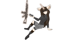 Size: 3840x2160 | Tagged: safe, artist:straighttothepointstudio, imported from derpibooru, oc, oc only, anthro, unicorn, 4k, anime, anthro oc, assault rifle, boots, brown eyes, brown hair, clothes, digital art, ear fluff, eyebrows, female, g5, glowing, glowing horn, gun, high res, horn, iso hemlock, levitation, long hair, looking at you, magazine, magic, rifle, shoes, shorts, simple background, sitting, smiling, socks, solo, sweater, telekinesis, transparent background, turtleneck, unicorn oc, weapon, wrinkles
