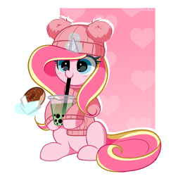 Size: 2572x2648 | Tagged: safe, artist:kittyrosie, imported from derpibooru, oc, oc only, oc:rosa flame, pony, unicorn, abstract background, boba, bubble tea, clothes, donut, drinking, food, glowing, glowing horn, horn, magic, simple background, solo, sweater, telekinesis, unicorn oc, white background