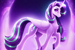 Size: 768x512 | Tagged: safe, imported from derpibooru, starlight glimmer, alicorn, pony, ai content, ai generated, alicornified, chest fluff, cute, generator:purplesmart.ai, generator:stable diffusion, glimmerbetes, purple eyes, race swap, solo, starlicorn, wrong eye color, xk-class end-of-the-world scenario