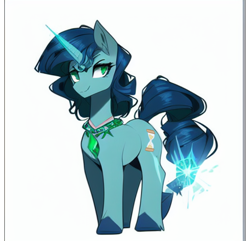 Size: 1254x1210 | Tagged: safe, imported from derpibooru, oc, oc:clockwork relativity, pony, unicorn, ai content, ai generated, blue coat, blue fur, blue mane, curly mane, cute, gem, generator:purplesmart.ai, generator:stable diffusion, green eyes, horn, jewelry, male, pendant, simple background, smiling, solo, stallion, teal coat, time magic, timestone, unicorn oc, white background