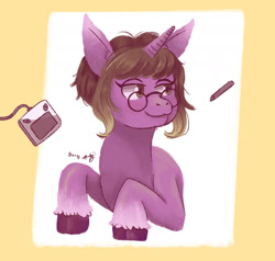 Size: 1280x1218 | Tagged: safe, artist:scarlett-berry, imported from derpibooru, oc, oc only, pony, unicorn, abstract background, bedroom eyes, bust, cloven hooves, female, glasses, horn, mare, solo, unicorn oc, unshorn fetlocks