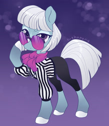 Size: 1920x2213 | Tagged: safe, artist:bishopony, imported from derpibooru, photo finish, earth pony, pony, abstract background, clothes, female, glasses, lidded eyes, looking at you, mare, solo
