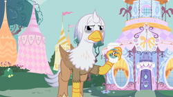 Size: 1280x720 | Tagged: safe, artist:mlp-silver-quill, imported from derpibooru, oc, oc:silver quill, hippogriff, after the fact, after the fact:inspiration manifestation, carousel boutique, coffee cup, cup, hangover, headache, hippogriff oc, ponyville, starebucks
