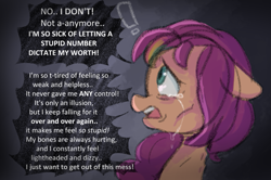 Size: 1057x701 | Tagged: safe, anonymous artist, imported from derpibooru, sunny starscout, earth pony, pony, series:anorexic sunny, anorexia, bust, crying, dialogue, emaciated, exclamation point, female, floppy ears, g5, mare, open mouth, profile, skinny, solo, spine, teary eyes, thin