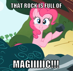 Size: 578x568 | Tagged: safe, edit, edited screencap, editor:twi clown, imported from derpibooru, screencap, pinkie pie, earth pony, pony, caption, cropped, demo mesa, female, image macro, mare, rock, text