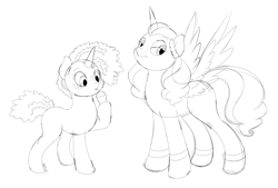 Size: 3400x2300 | Tagged: safe, artist:wownamesarehard, derpibooru exclusive, imported from derpibooru, opaline arcana, alicorn, pony, unicorn, spoiler:g5, spoiler:my little pony: make your mark chapter 2, blank flank, drinking, duo, female, g5, mare, misty brightdawn, monochrome, my little pony: make your mark, my little pony: make your mark chapter 2, simple background, sketch, smoothie, that pony sure does love smoothies, white background
