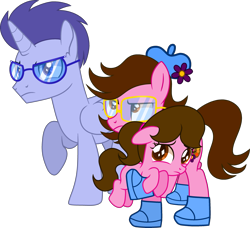 Size: 3489x3183 | Tagged: safe, artist:kittypainty, artist:tanahgrogot, imported from derpibooru, oc, oc only, oc:enrique zuniga jr, oc:madison, oc:tiffany fisher, alicorn, earth pony, pony, alicorn oc, angry, base used, clothes, earth pony oc, female, filly, floppy ears, flower, foal, glasses, hat, horn, male, mare, medibang paint, mother and father, ponytail, sad, shoes, simple background, stallion, transparent background, trio, wings