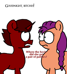 Size: 3023x3351 | Tagged: safe, artist:professorventurer, imported from derpibooru, sunny starscout, oc, oc:enrique, earth pony, pony, unicorn, series:ask pippamena, duo, facial hair, g5, horn, implied pipp petals, looking at each other, looking at someone, moustache, unicorn oc, vulgar