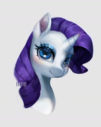 Size: 1390x1743 | Tagged: safe, artist:riukime, imported from derpibooru, rarity, pony, unicorn, bust, female, gray background, looking at you, mare, portrait, redraw, simple background, smiling, solo