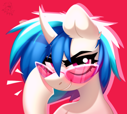 Size: 3000x2700 | Tagged: safe, artist:rtootb, imported from derpibooru, dj pon-3, vinyl scratch, pony, unicorn, 2023, big eyes, blue mane, bust, cute, digital art, ear cleavage, ear fluff, emanata, female, g4, glasses, icon, looking at you, looking forward, mare, pink eyes, portrait, red background, red eyes, shading, simple background, smiling, solo, sunglasses, vinyl's glasses, white body, white fur