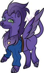 Size: 2412x3927 | Tagged: safe, artist:thecommandermiky, imported from derpibooru, oc, oc only, oc:miky command, hybrid, pegasus, chest fluff, clothes, female, happy, looking at you, mare, paws, pegasus oc, purple hair, purple mane, simple background, solo, spread wings, white background, wings