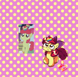 Size: 1421x1411 | Tagged: safe, artist:sumechiayuu, imported from derpibooru, apple bloom, earth pony, pony, adorabloom, apple, blushing, cute, female, filly, foal, food, patterned background, reference used, solo, unshorn fetlocks, zap apple