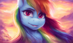 Size: 2816x1680 | Tagged: safe, imported from derpibooru, rainbow dash, pony, ai assisted, ai content, cloud, detailed background, generator:stable diffusion, prompter:saphkey, sky, solo, sunset, wallpaper