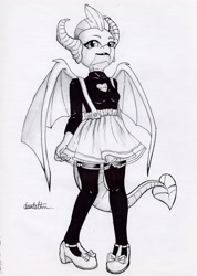 Size: 2880x4056 | Tagged: safe, artist:dantethehuman, imported from derpibooru, smolder, anthro, dragon, clothes, dragoness, female, monochrome, shoes, skirt, solo, traditional art