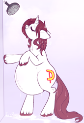 Size: 756x1106 | Tagged: safe, artist:lulubell, imported from derpibooru, oc, oc:amy, pony, unicorn, bathing, belly, big belly, bipedal, bipedal leaning, female, horn, leaning, mare, pregnant, solo, standing up, unicorn oc