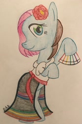 Size: 2088x3124 | Tagged: safe, artist:gracefulart693, imported from derpibooru, oc, earth pony, pony, clothes, dress, earth pony oc, eyelashes, fan, flower, flower in hair, hoof hold, smiling, solo, traditional art