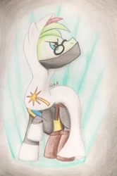 Size: 1585x2388 | Tagged: safe, artist:gracefulart693, imported from derpibooru, oc, oc only, earth pony, pony, clothes, earth pony oc, glasses, male, raised hoof, solo, stallion, traditional art