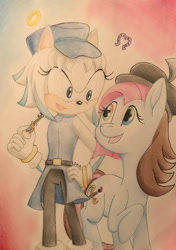 Size: 2053x2922 | Tagged: safe, artist:gracefulart693, imported from derpibooru, oc, oc only, earth pony, pony, beret, duo, earth pony oc, gradient background, hat, sonic the hedgehog (series), traditional art