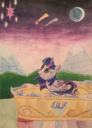 Size: 2769x3820 | Tagged: safe, artist:gracefulart693, imported from derpibooru, twilight sparkle, alicorn, pony, female, mare, moon, mountain, outdoors, shooting star, solo, stars, traditional art, twilight sparkle (alicorn), twilight's castle