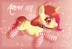 Size: 3800x2600 | Tagged: safe, artist:loohisgod27, imported from derpibooru, oc, oc only, pony, unicorn, abstract background, choker, clothes, eyelashes, female, horn, mare, smiling, socks, solo, spiked choker, striped socks, unicorn oc