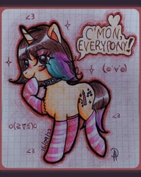 Size: 2007x2509 | Tagged: safe, artist:loohisgod27, imported from derpibooru, oc, oc only, pony, unicorn, choker, clothes, female, graph paper, mare, raised hoof, socks, solo, spiked choker, striped socks, talking, thinking, traditional art