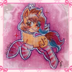 Size: 1960x1960 | Tagged: safe, artist:loohisgod27, imported from derpibooru, oc, oc only, pony, unicorn, blushing, choker, clothes, ear piercing, earring, eyelashes, female, graph paper, horn, jewelry, mare, piercing, smiling, socks, solo, spiked choker, striped socks, traditional art, unicorn oc