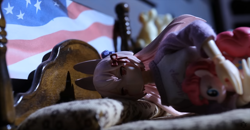 Size: 1278x667 | Tagged: safe, artist:moonshine animation, imported from derpibooru, screencap, pinkie pie, pony, american flag, bed, blind bag, female, pipkin pippa, sleeping, stop motion, toy, vtuber