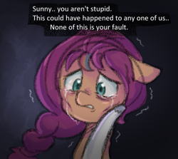 Size: 691x616 | Tagged: safe, anonymous artist, imported from derpibooru, sunny starscout, zipp storm, earth pony, pegasus, pony, series:anorexic sunny, anorexia, crying, dialogue, duo, female, floppy ears, g5, mare, offscreen character, shaking, skinny, teary eyes, thin