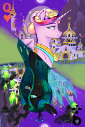 Size: 2000x3000 | Tagged: source needed, safe, artist:askavidt, imported from derpibooru, princess cadance, queen chrysalis, alicorn, changeling, changeling queen, canterlot, card, crown, fire, green fire, jewelry, moon, multicolored hair, night, night sky, regalia, sharp teeth, sky, smoke, teeth, transparent wings, wings