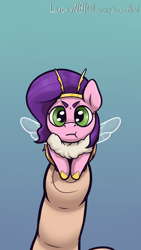 Size: 2160x3840 | Tagged: safe, artist:luckynb, imported from derpibooru, pipp petals, bee pony, original species, pony, :t, adorapipp, angry, bumblebipp, cross-popping veins, cute, emanata, female, g5, gradient background, grumpy, human pov, madorable, offscreen character, offscreen human, pipp is short, pipp is smol, smol, solo, species swap, tiny, tiny ponies, wings