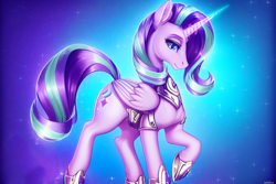 Size: 768x512 | Tagged: safe, imported from derpibooru, starlight glimmer, alicorn, pony, ai content, ai generated, alicornified, beautiful, cute, folded wings, generator:purplesmart.ai, generator:stable diffusion, glimmerbetes, glowing, glowing horn, horn, horseshoes, race swap, raised hoof, solo, starlicorn, stars, wallpaper, wearing armor, wings, xk-class end-of-the-world scenario