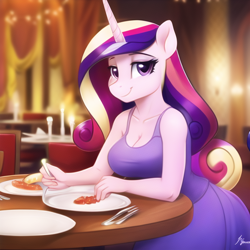 Size: 640x640 | Tagged: safe, imported from derpibooru, princess cadance, anthro, ai content, ai generated, breasts, cleavage, clothes, female, generator:novelai, generator:stable diffusion, looking at you, restaurant, smiling, solo